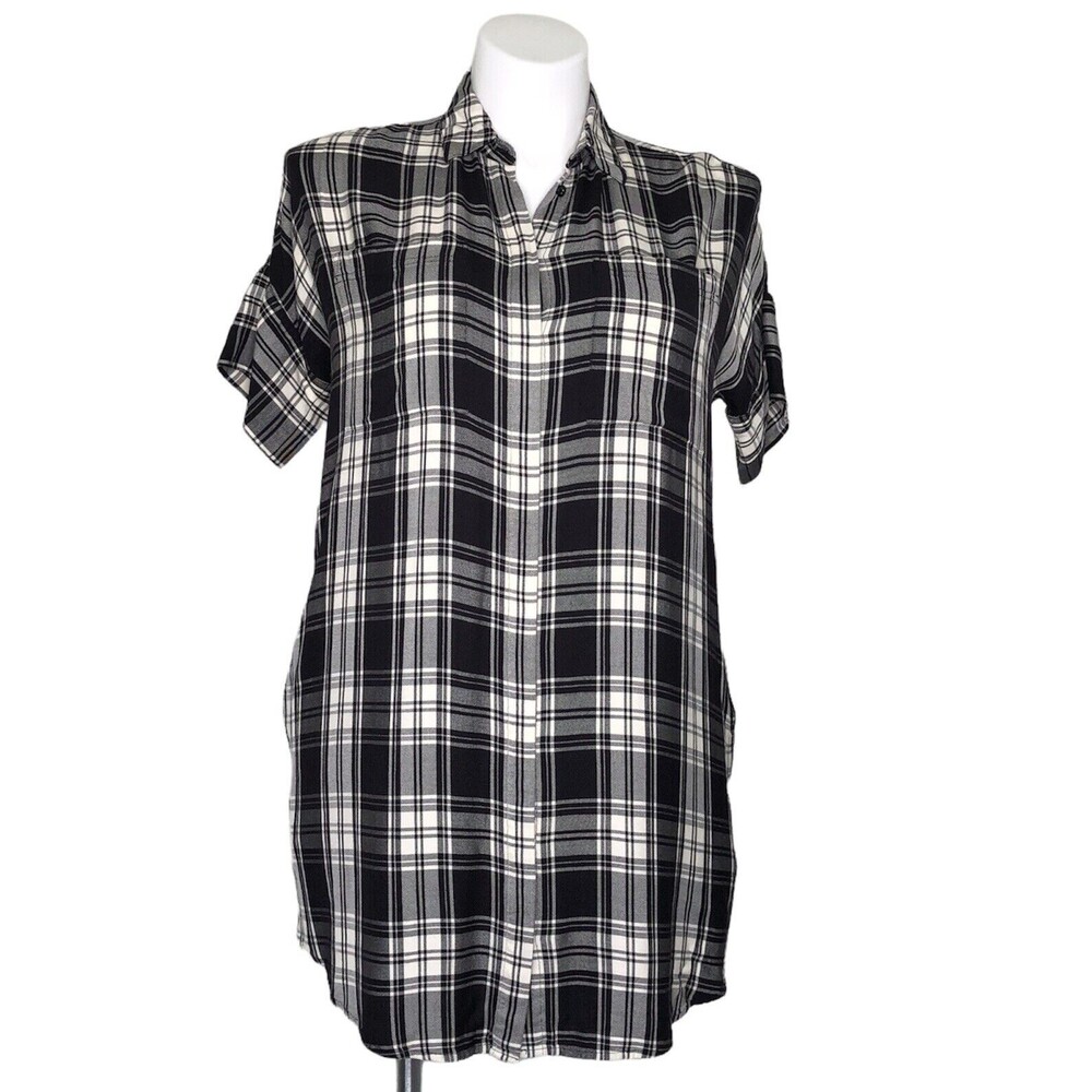 MADEWELL Courier Shirt Dress Gordon Plaid Black White‎ Women's Size Medium